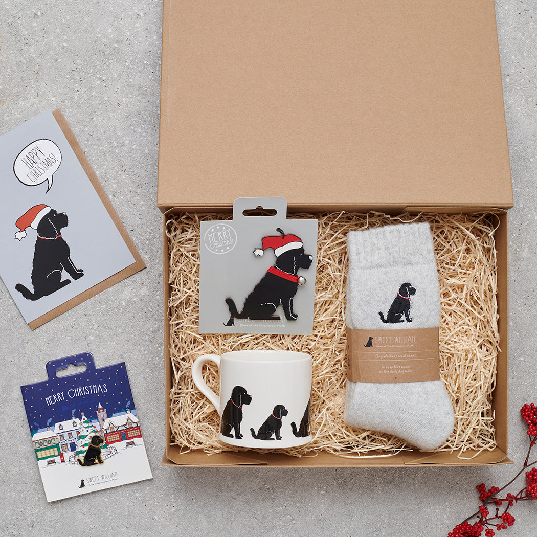 Black Cockapoo / Labradoodle Christmas gift hamper featuring decoration, mug, socks and greeting cards — thoughtful dog lover gift set by Sweet William Designs
