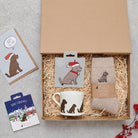 Chocolate Cockapoo / Labradoodle Christmas gift hamper with a matching Cockapoo / Labradoodle Christmas pin, socks, mug, Christmas decoration and greeting card by Sweet William Designs