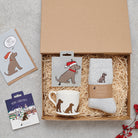 Chocolate Cocker Spaniel Christmas gift hamper with a matching Chocolate Cocker Spaniel Christmas pin, socks, mug, Christmas decoration and greeting card by Sweet William Designs