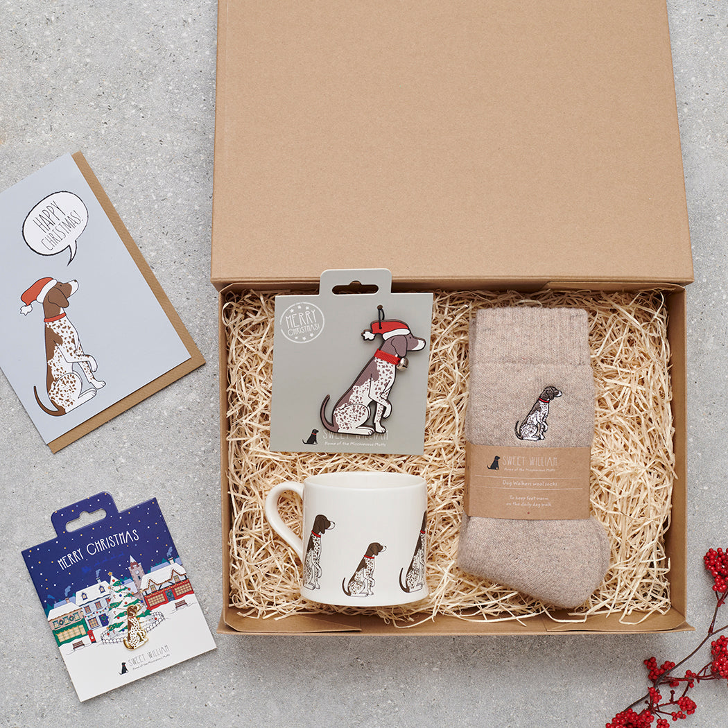 German Shorthaired Pointer Christmas gift hamper with a matching Pointer Christmas pin, socks, mug, Christmas decoration and greeting card by Sweet William Designs