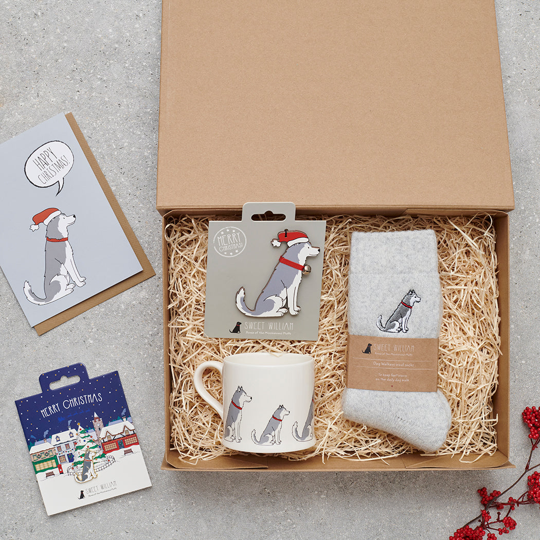 Husky Christmas gift hamper featuring decoration, mug, socks and greeting cards — thoughtful dog lover gift set by Sweet William Designs