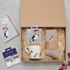 Jack Russell Christmas gift hamper with a matching Jack Russell Christmas pin, socks, mug, Christmas decoration and greeting card by Sweet William Designs