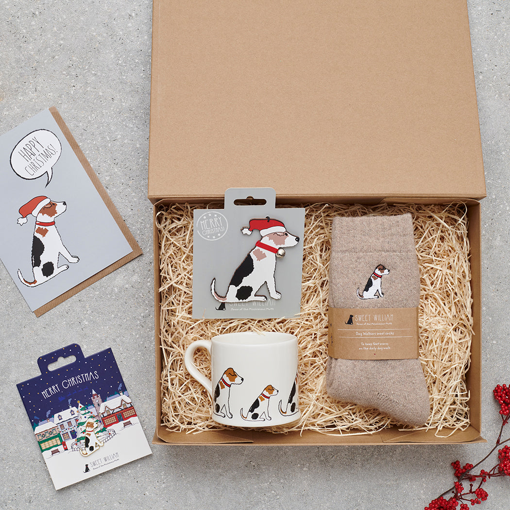Jack Russell Christmas gift hamper featuring decoration, mug, socks and greeting cards — thoughtful dog lover gift set by Sweet William Designs