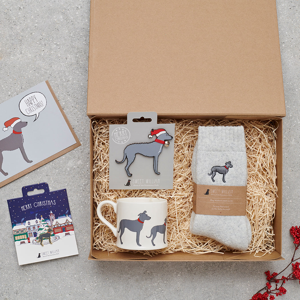 Lurcher Christmas gift hamper with a matching Lurcher Christmas pin, socks, mug, Christmas decoration and greeting card by Sweet William Designs