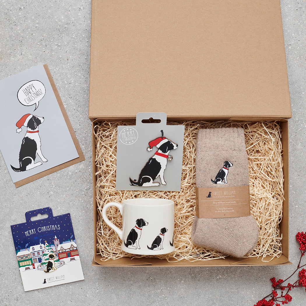 Black & White Springer Spaniel Christmas gift hamper featuring decoration, mug, socks and greeting cards — thoughtful dog lover gift set by Sweet William Designs