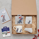 Staffie Christmas gift hamper with a matching Staffie Christmas pin, socks, mug, Christmas decoration and greeting card by Sweet William Designs