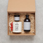 'The Dog Loves Me Best' mug in gift hamper with Sweet William Dog Walker Revival bath foam and foot cream — thoughtful gift set for dog lovers and dog walkers