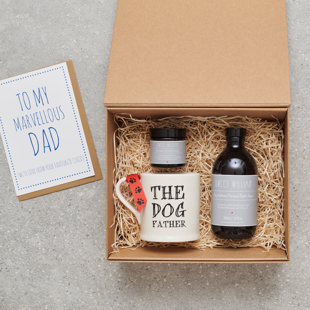 'The Dog Father' mug in gift hamper with Sweet William Dog Walker Revival bath foam and foot cream — thoughtful gift set for dog dads and dog owners
