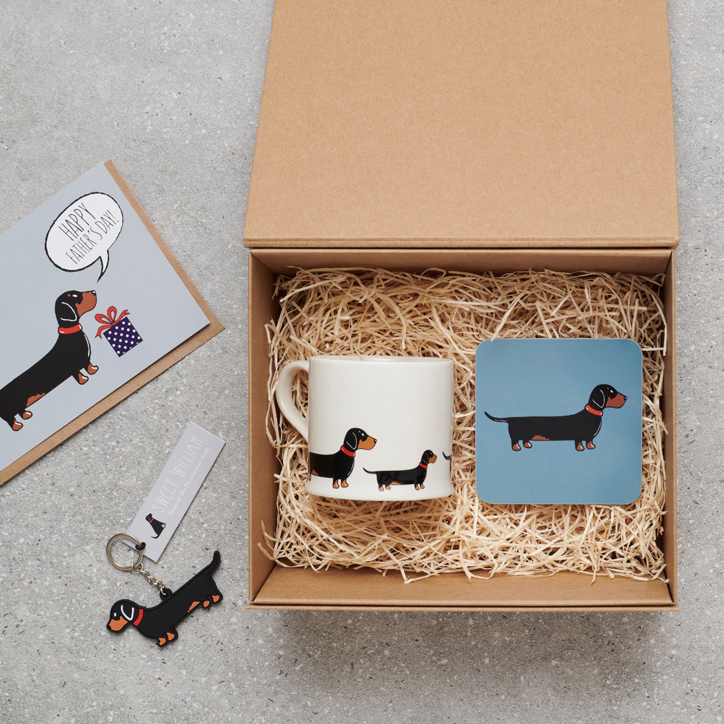 Dachshund Father's Day gift hamper featuring card, mug, coaster, socks and keyring — thoughtful dog lover gift set by Sweet William Designs