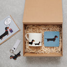 Dachshund Father's Day gift hamper featuring card, mug, coaster, socks and keyring — thoughtful dog lover gift set by Sweet William Designs