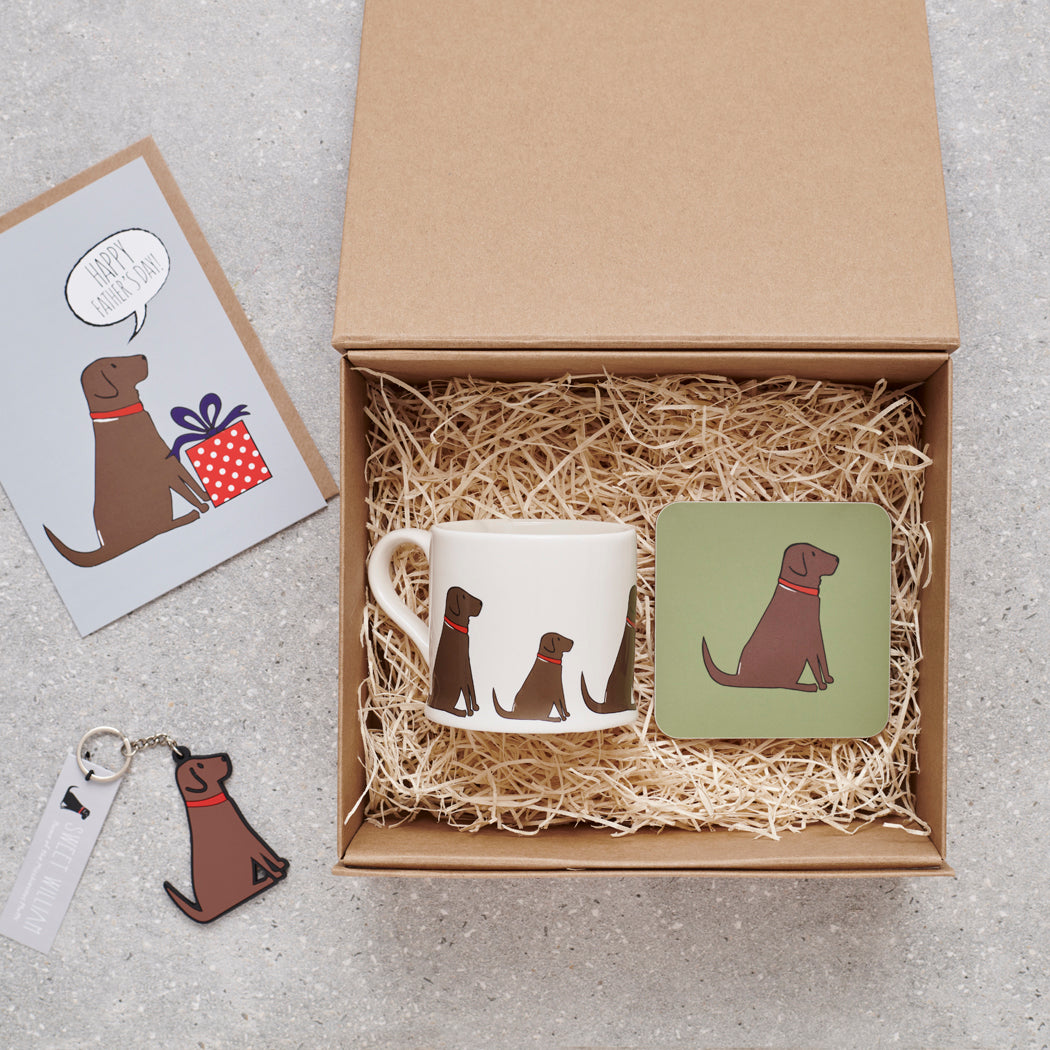 Chocolate Labrador Father's Day gift hamper — card, mug, coaster and keyring in gift box, dog lover gift by Sweet William Designs