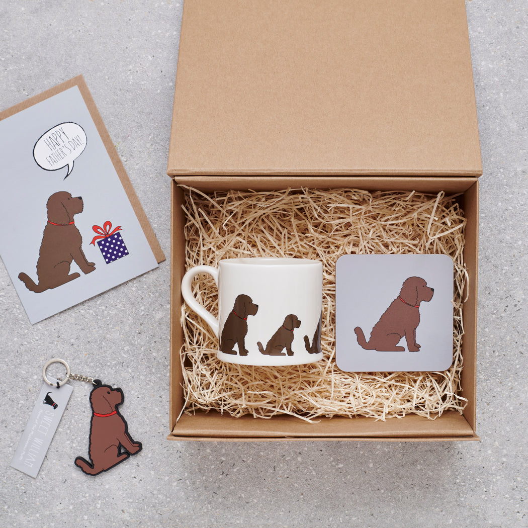 Cockapoo / Labradoodle (Chocolate) Father's Day gift hamper — card, mug, coaster and keyring in gift box, dog lover gift by Sweet William Designs