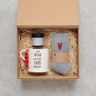 Lobster wool socks in a gift hamper with Sweet William Designs 'The Dog Loves Me Best' mug and Dog Walker Revival foot cream — thoughtful coastal gift set for beach lovers