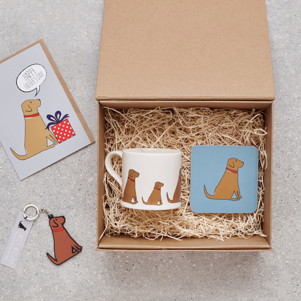Fox Red Labrador Father's Day gift hamper featuring card, mug, coaster and keyring — thoughtful dog lover gift set by Sweet William Designs