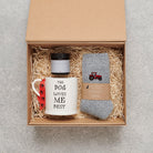 Tractor lover gift hamper with red tractor wool socks, 'The Dog Loves Me Best' mug and Dog Walker Revival foot cream – a thoughtful countryside gift by Sweet William Designs