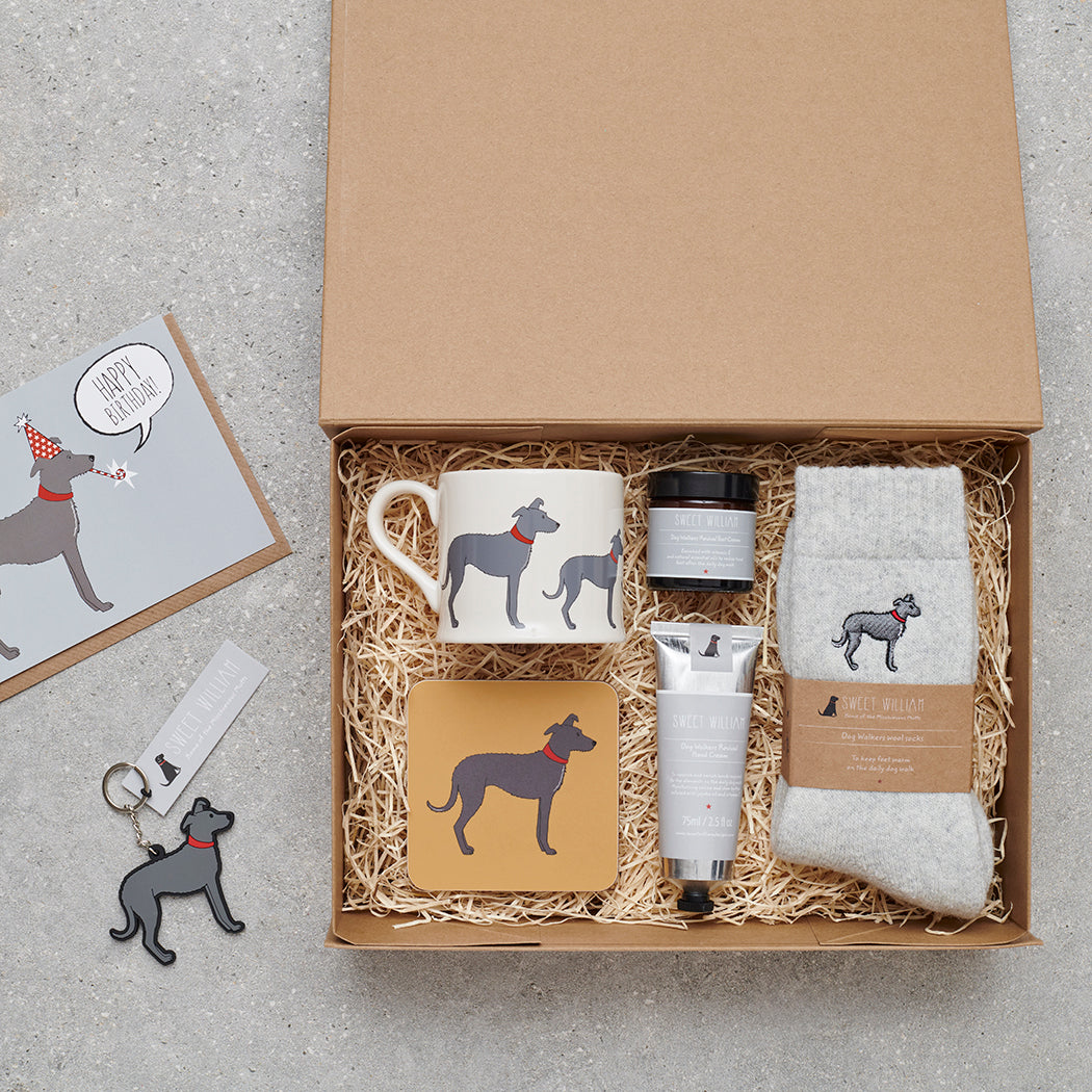 Lurcher gift hamper featuring coaster and matching mug — thoughtful dog lover gift set by Sweet William Designs