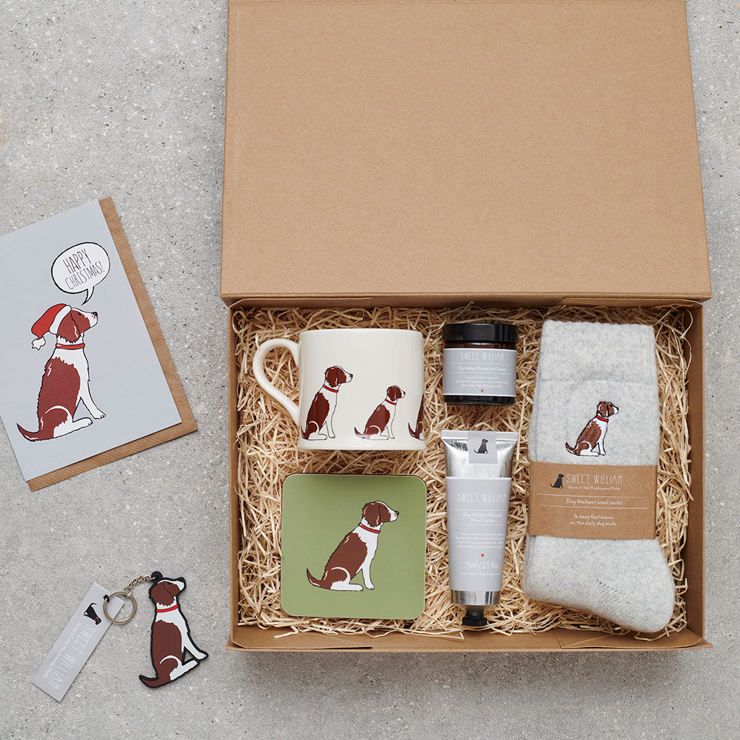 Hamper featuring Liver Springer Spaniel socks — thoughtful dog lover gift set by Sweet William Designs