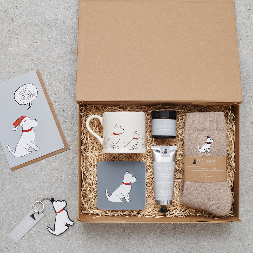 Hamper featuring Westie socks — thoughtful dog lover gift set by Sweet William Designs