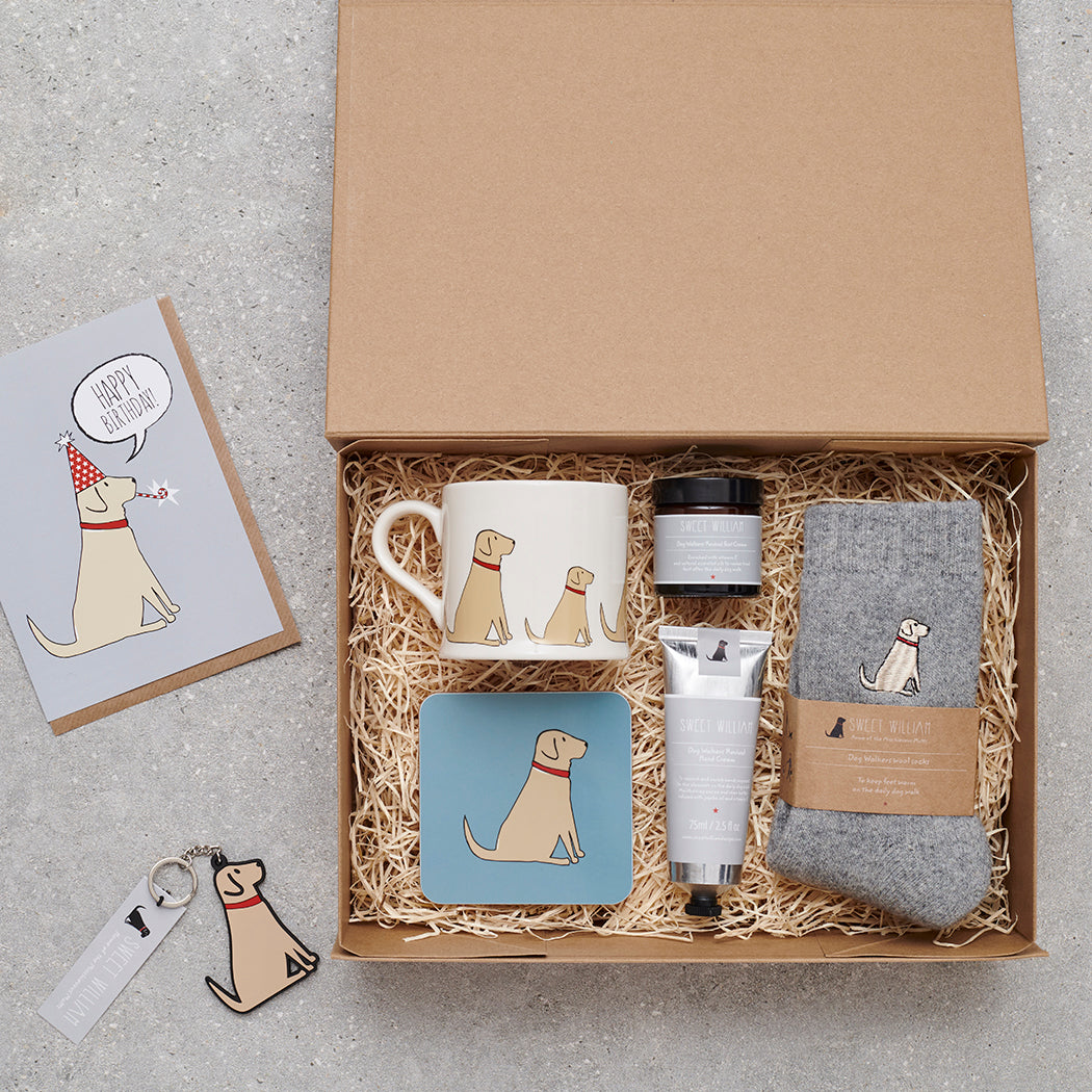 Hamper featuring Yellow Labrador socks — thoughtful dog lover gift set by Sweet William Designs