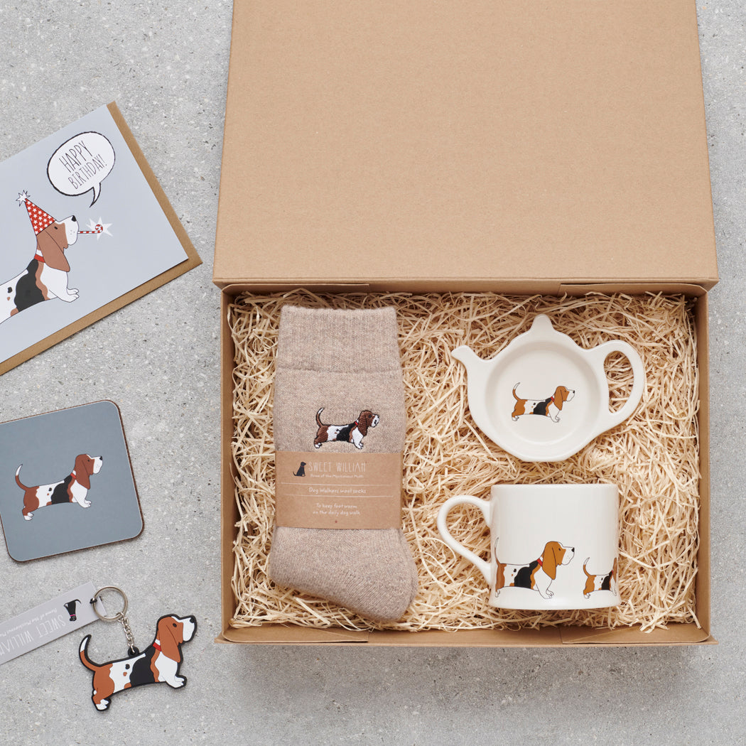 Basset Hound gift hamper featuring personalised Basset Hound keyring — thoughtful dog lover gift set by Sweet William Designs