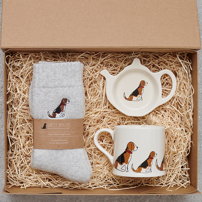 Beagle gift hamper featuring teabag dish, mug and socks — thoughtful dog lover gift set by Sweet William Designs