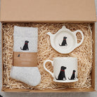 Black Labrador gift hamper featuring Black Lab teabag dish, socks & mug — thoughtful dog lover gift set by Sweet William Designs