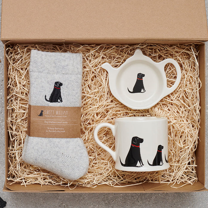 Black Labrador gift hamper featuring coaster and teabag dish — thoughtful dog lover gift set by Sweet William Designs