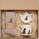 Chocolate Labrador gift hamper featuring teabag dish, mug & socks — thoughtful dog lover gift set by Sweet William Designs