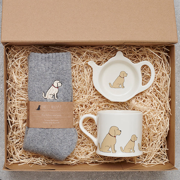 Apricot Cockapoo / Labradoodle gift hamper featuring teabag dish, mug & socks — thoughtful dog lover gift set by Sweet William Designs