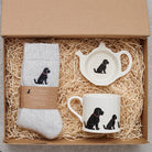 Black Cockapoo / Labradoodle gift hamper featuring teabag dish, mug & socks — thoughtful dog lover gift set by Sweet William Designs