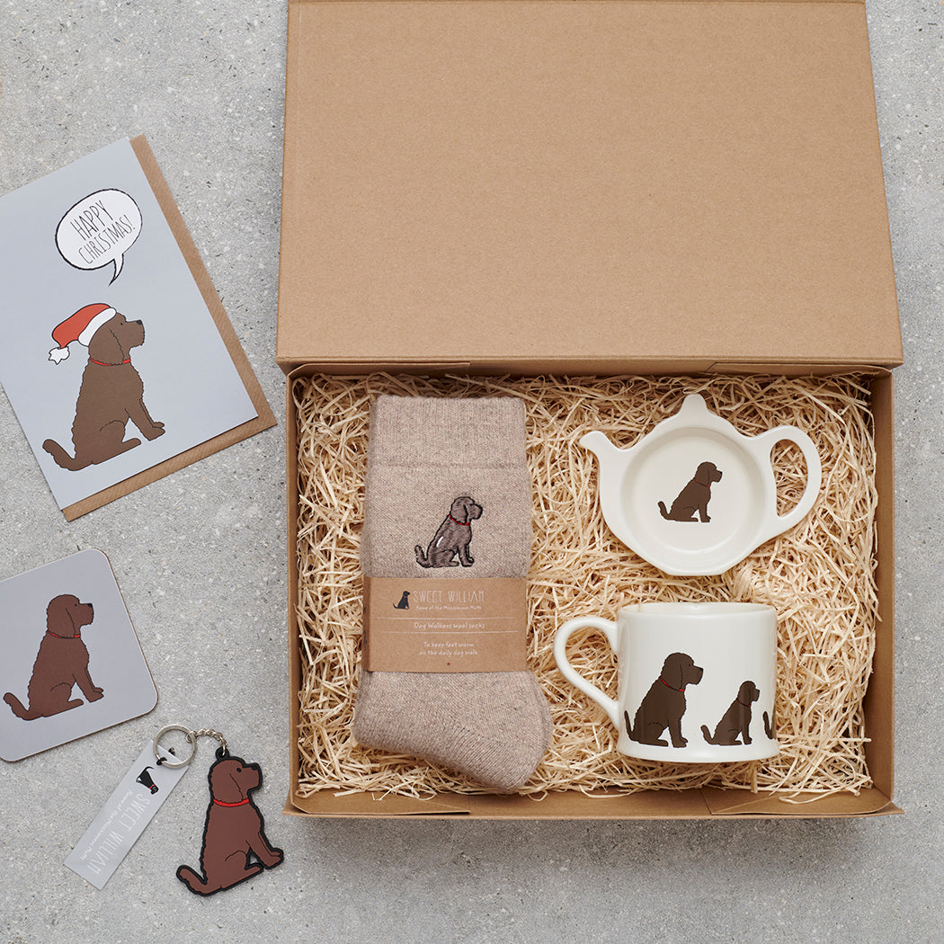 Chocolate Cockapoo / Labradoodle gift hamper featuring personalised Chocolate Cockapoo / Labradoodle keyring — thoughtful dog lover gift set by Sweet William Designs