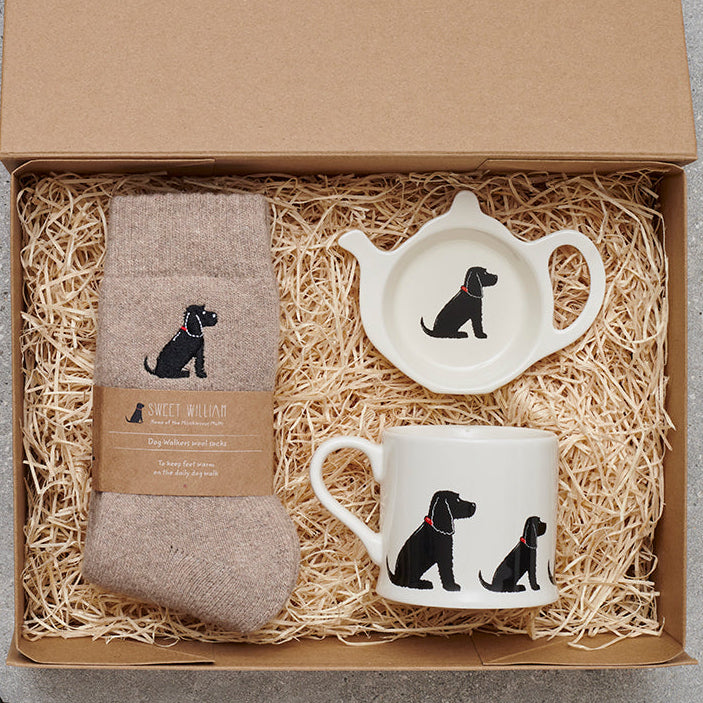 Black Cocker Spaniel gift hamper featuring teabag dish, mug & socks — thoughtful dog lover gift set by Sweet William Designs