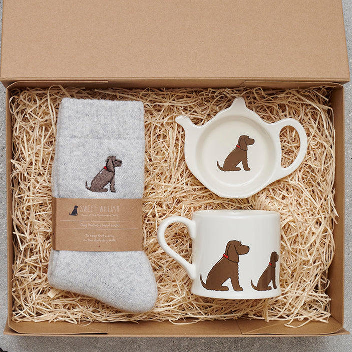 Chocolate Cocker Spaniel gift hamper featuring teabag dish, mug & socks — thoughtful dog lover gift set by Sweet William Designs