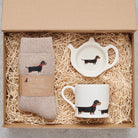 Dachshund gift hamper featuring teabag dish, mug & socks — thoughtful dog lover gift set by Sweet William Designs