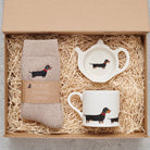 Dachshund gift hamper featuring coaster and teabag dish — thoughtful dog lover gift set by Sweet William Designs