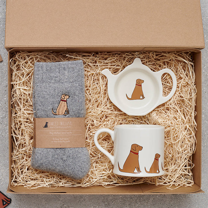 Fox Red Labrador gift hamper featuring teabag dish, mug & socks — thoughtful dog lover gift set by Sweet William Designs