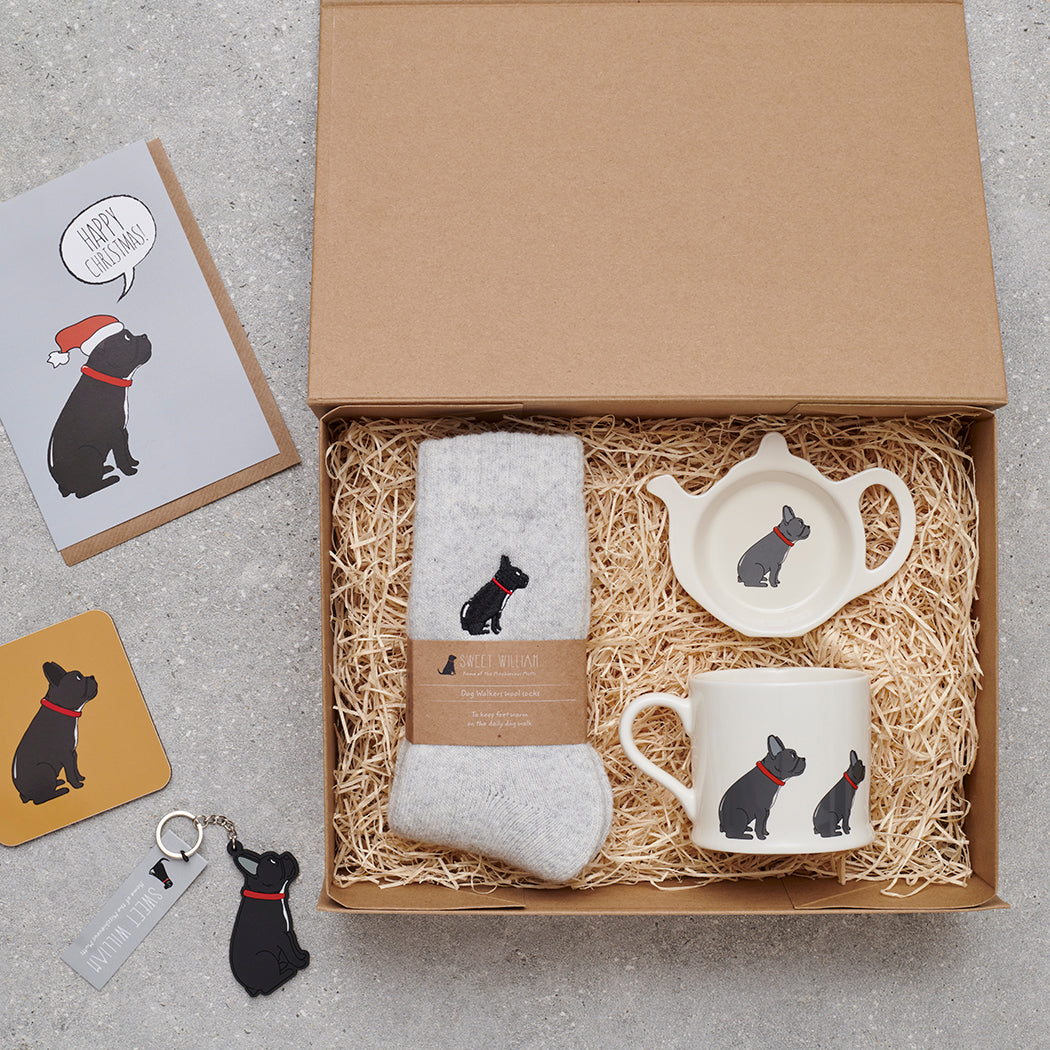 Frenchie gift hamper featuring personalised French Bulldog keyring — thoughtful dog lover gift set by Sweet William Designs