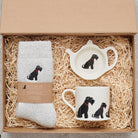 Black Schnauzer gift hamper featuring teabag dish, mug & socks — thoughtful dog lover gift set by Sweet William Designs