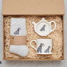 Salt & Pepper Schnauzer gift hamper featuring teabag dish, mug & socks — thoughtful dog lover gift set by Sweet William Designs