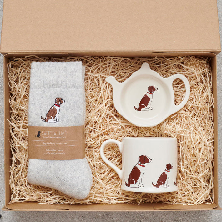 Liver & White Springer Spaniel gift hamper featuring teabag dish, mug & socks — thoughtful dog lover gift set by Sweet William Designs