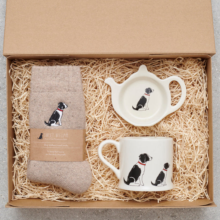 Black & White Springer Spaniel gift hamper featuring teabag dish, mug & socks — thoughtful dog lover gift set by Sweet William Designs