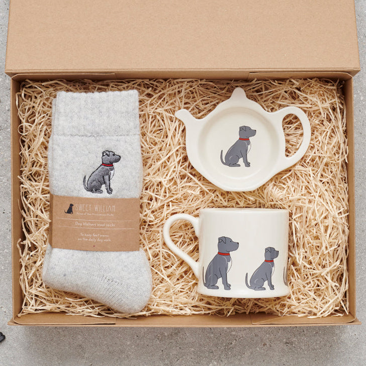 Staffie gift hamper featuring teabag dish, mug & socks — thoughtful dog lover gift set by Sweet William Designs