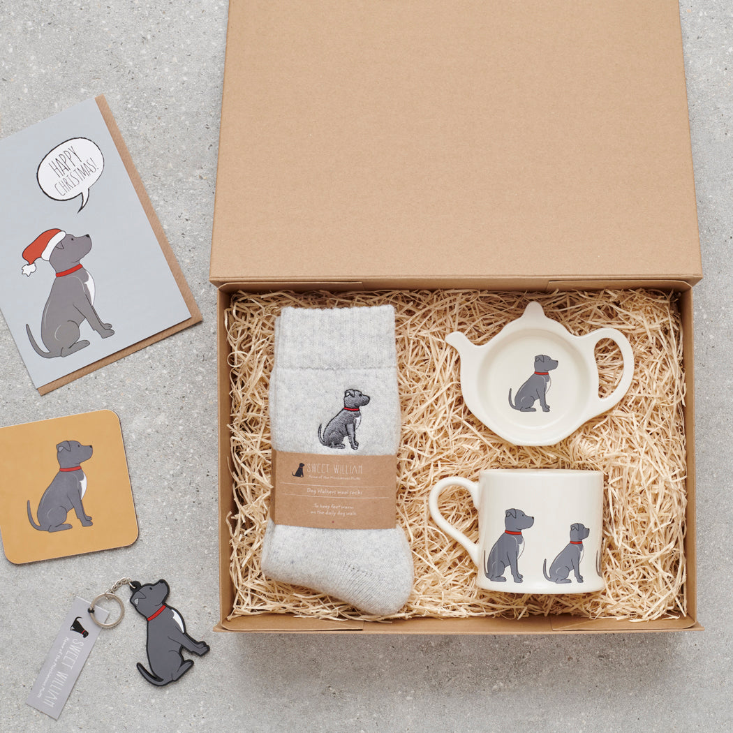 Staffordshire Bull Terrier gift hamper featuring personalised Staffie keyring — thoughtful dog lover gift set by Sweet William Designs