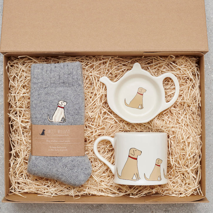 Yellow Labrador gift hamper featuring teabag dish, mug & socks — thoughtful dog lover gift set by Sweet William Designs