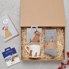 Fox Red Labrador Christmas gift hamper with a matching Fox Red Lab Christmas pin, socks, mug, Christmas decoration and greeting card by Sweet William Designs