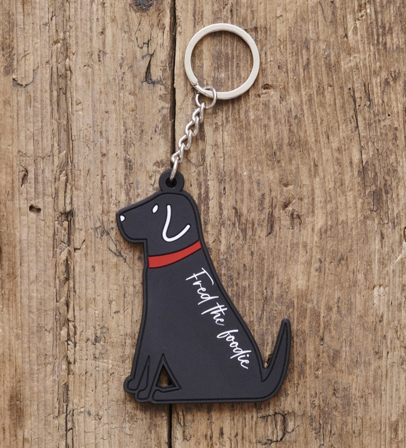 Black Labrador keyring close-up — personalised double-sided PVC keyring, perfect dog lover gift