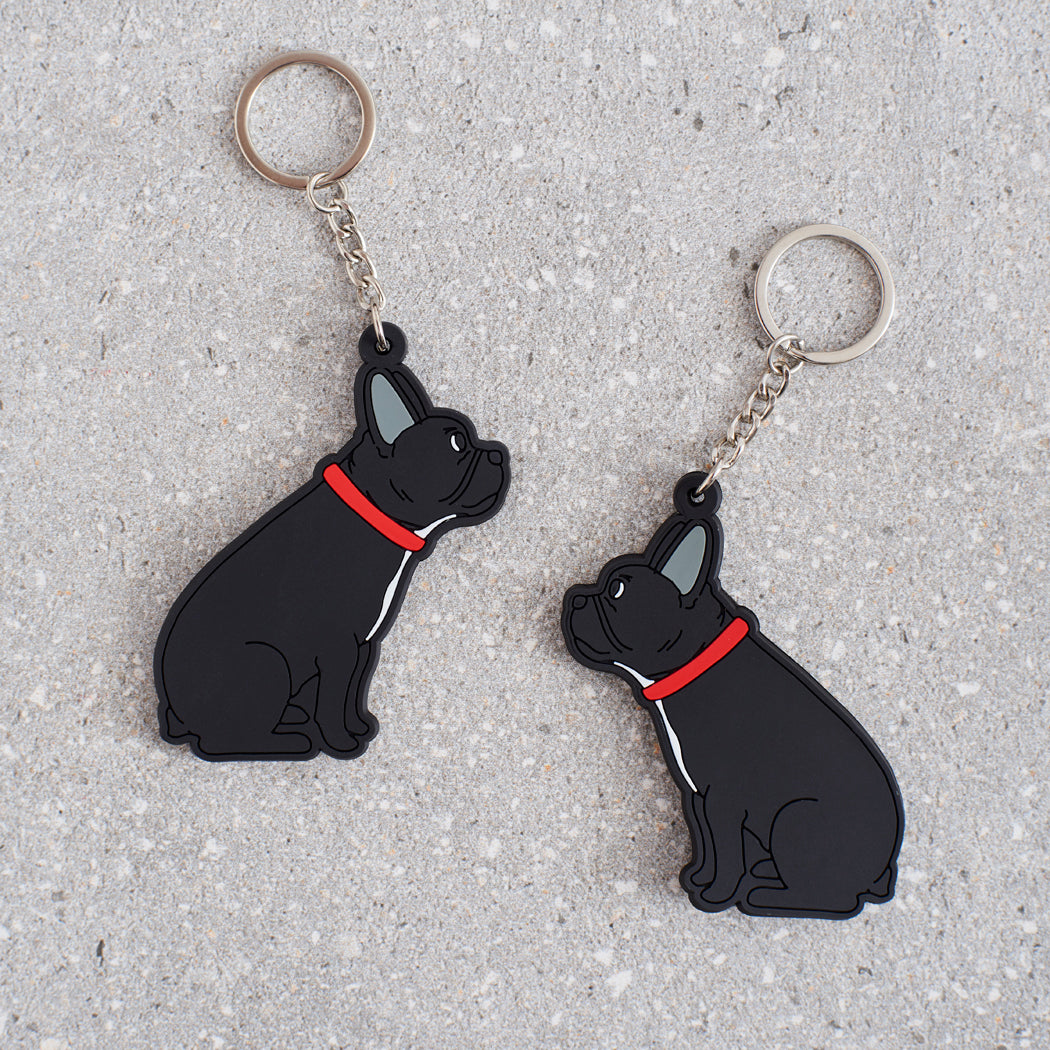 French Bulldog keyring showing both sides — double-sided PVC design with Sweet William's classic Frenchie illustration