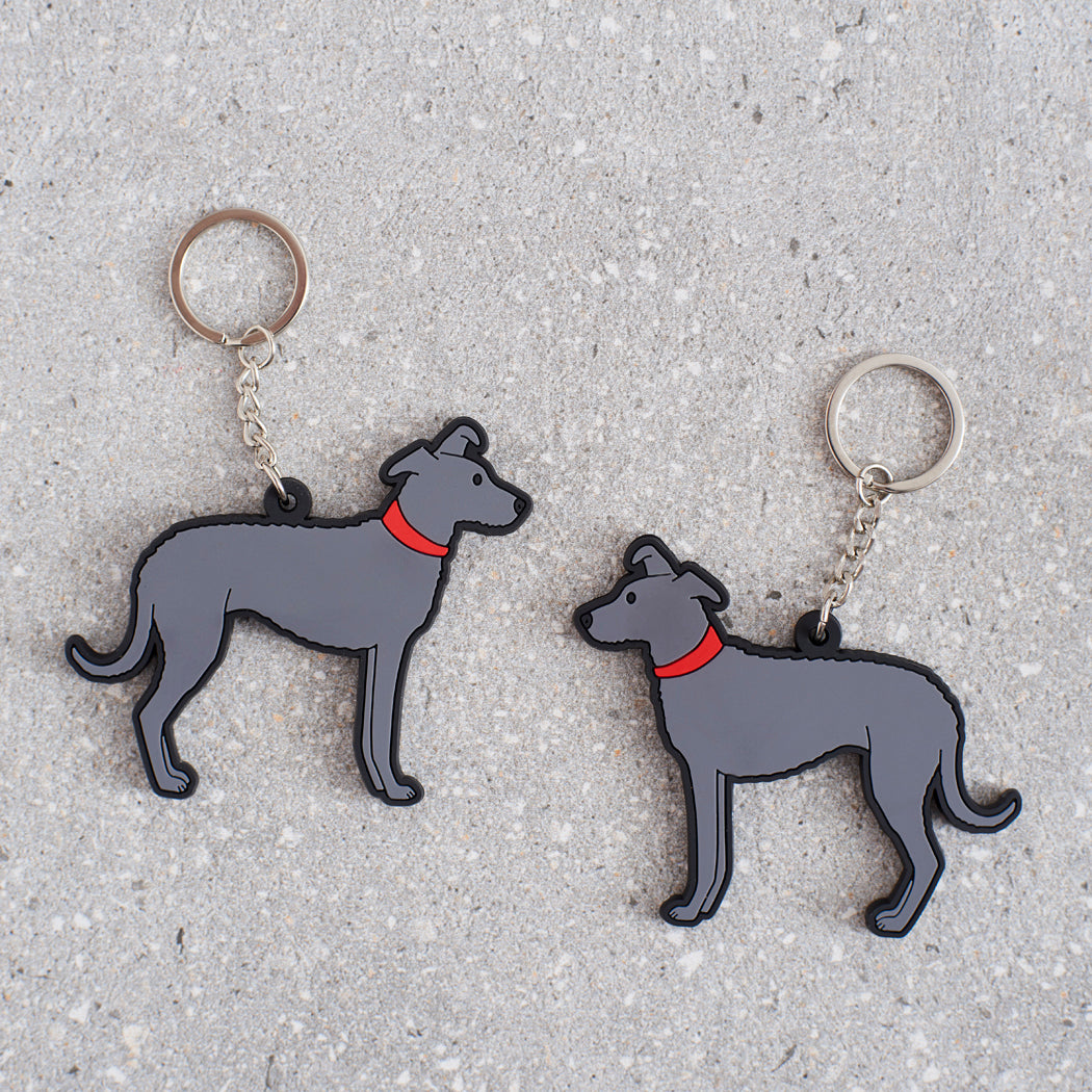 Lurcher keyring showing both sides — double-sided PVC design with Sweet William's classic illustration