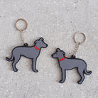 Lurcher keyring showing both sides — double-sided PVC design with Sweet William's classic illustration