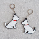 Westie keyring lifestyle shot — classic Westie design on double-sided PVC keyring by Sweet William Designs
